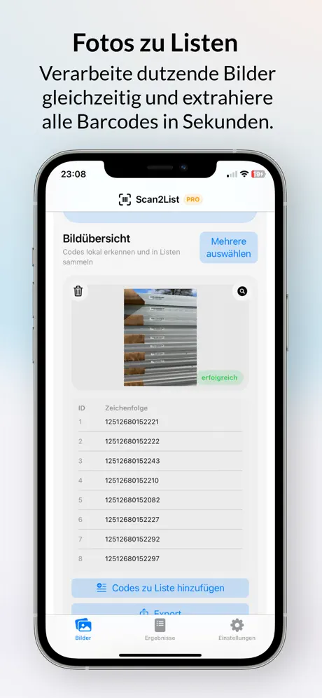 Scan2List Listenansicht mit erkannten Barcodes und Mengen